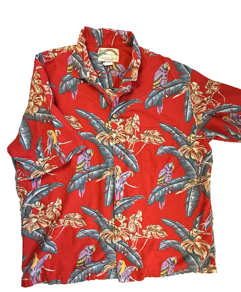 Vtg Paradise Found Hawaiian shirt Large Jungle Bird Parrot Magnum PI Red Floral
